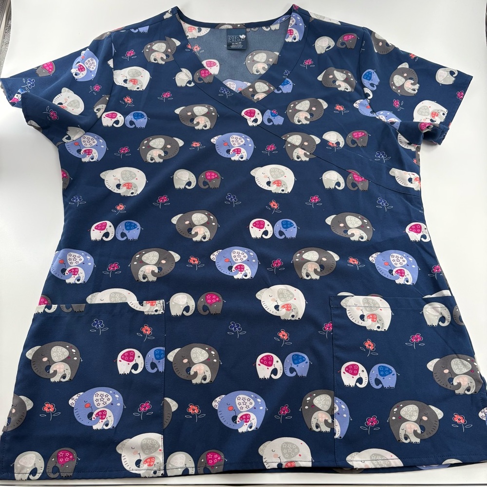 Zoe + Chloe Blue Scrub Top Elephant Print